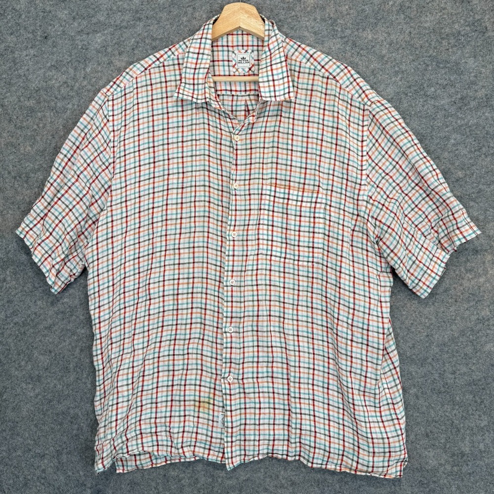 Peter Millar 100% linen Button Shirt Mens XL Extra Large Pocket Plaid Casual‎
